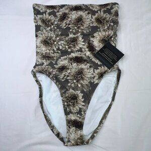 $135 Norma Kamali Women Black Floral Printed Bandeau One-Piece Swimsuit Size Med